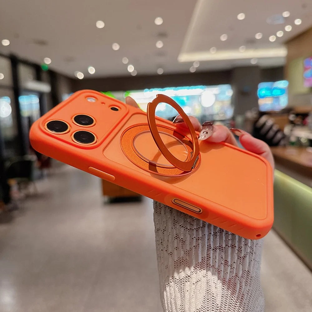 For iPhone 17 Pro Max Magnetic Case PC + TPU Ring Kickstand Phone Cover (Precise Lens Cutouts) - Orange - 3