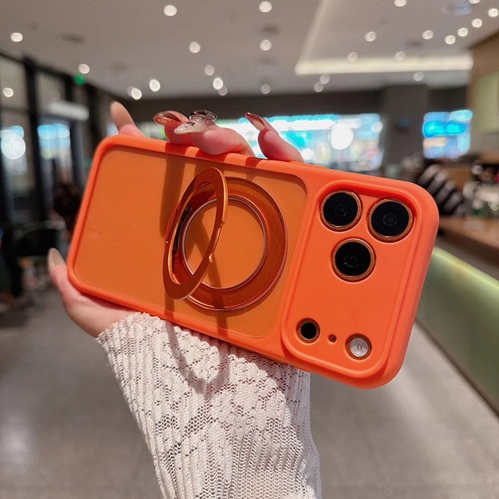 For iPhone 17 Pro Max Magnetic Case PC + TPU Ring Kickstand Phone Cover (Precise Lens Cutouts) - Orange - 4