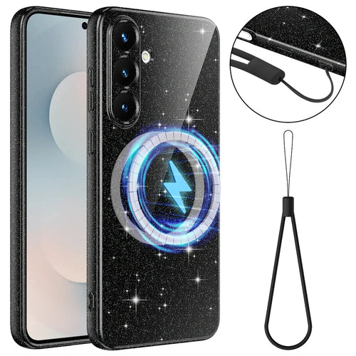 For Samsung Galaxy S25 FE Magnetic Case Glitter TPU Shockproof Phone Cover with Lanyard - Black - 1