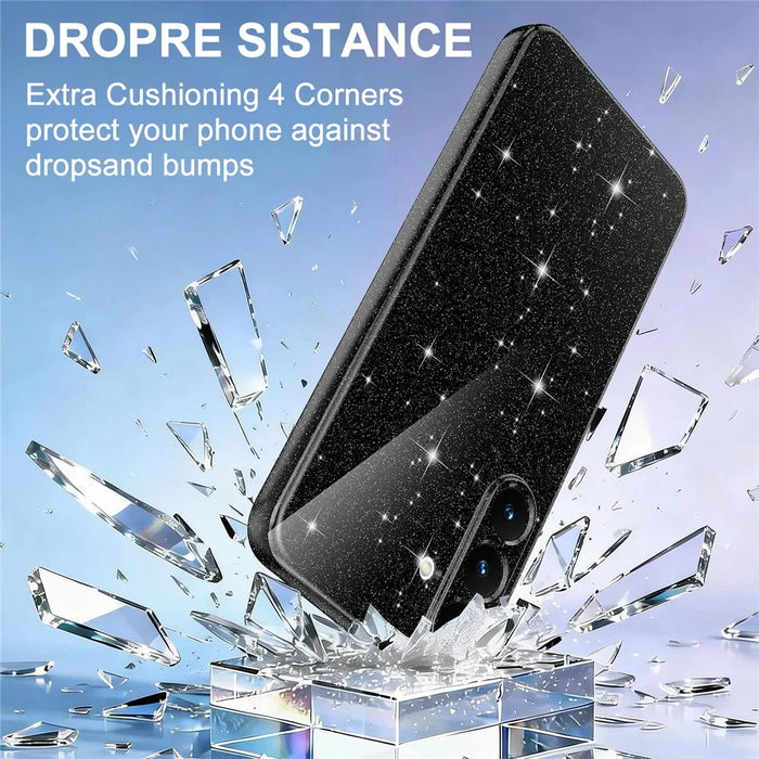 For Samsung Galaxy S25 FE Magnetic Case Glitter TPU Shockproof Phone Cover with Lanyard - Black - 6