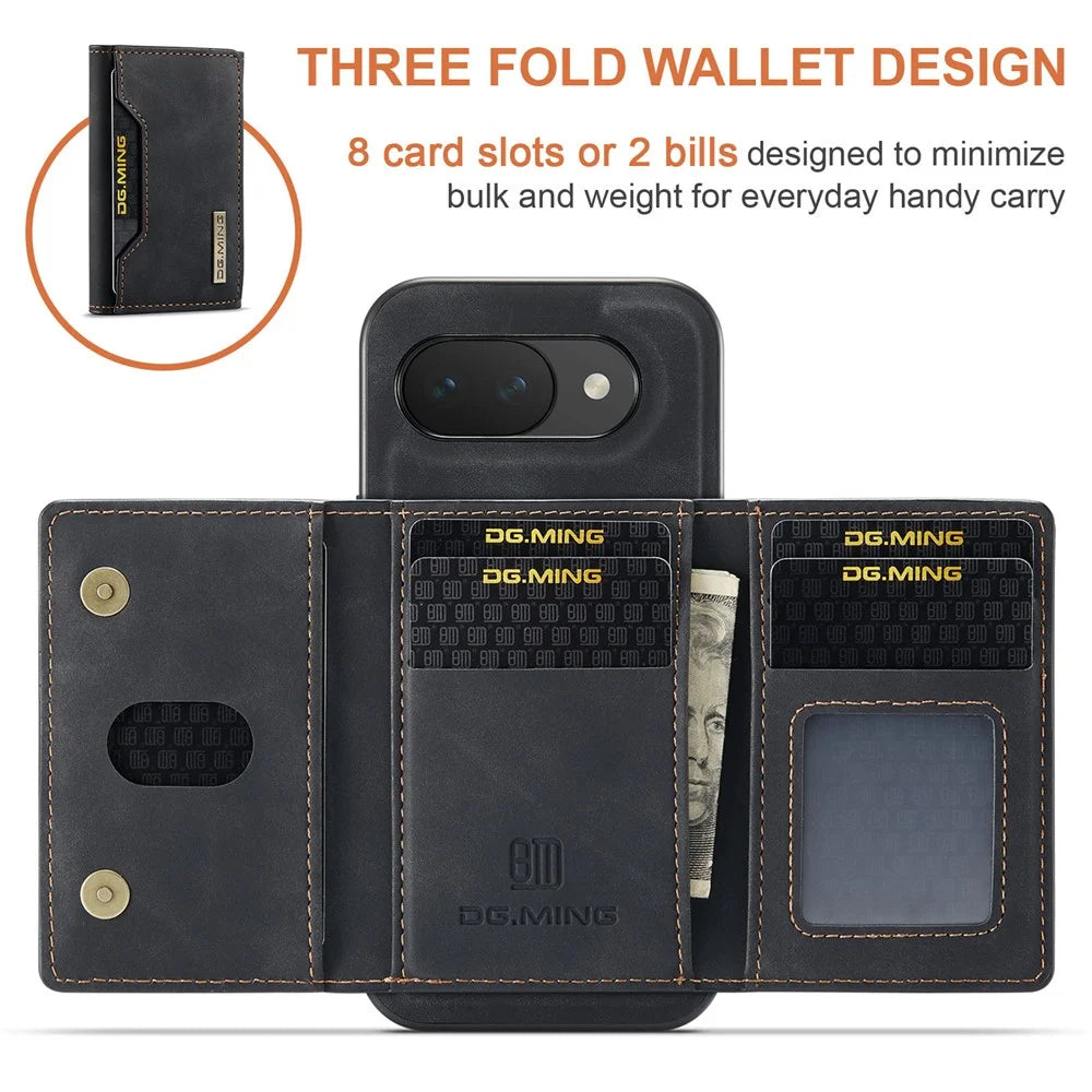 DG.MING M2 Series for Google Pixel 10a Magnetic Case PU + PC + TPU Phone Cover Detachable Wallet Kickstand - Black - 6