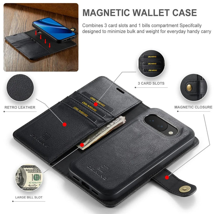 DG.MING for Google Pixel 10a Leather Wallet Case Detachable 2 in 1 Split Leather Phone Cover - Black - 5