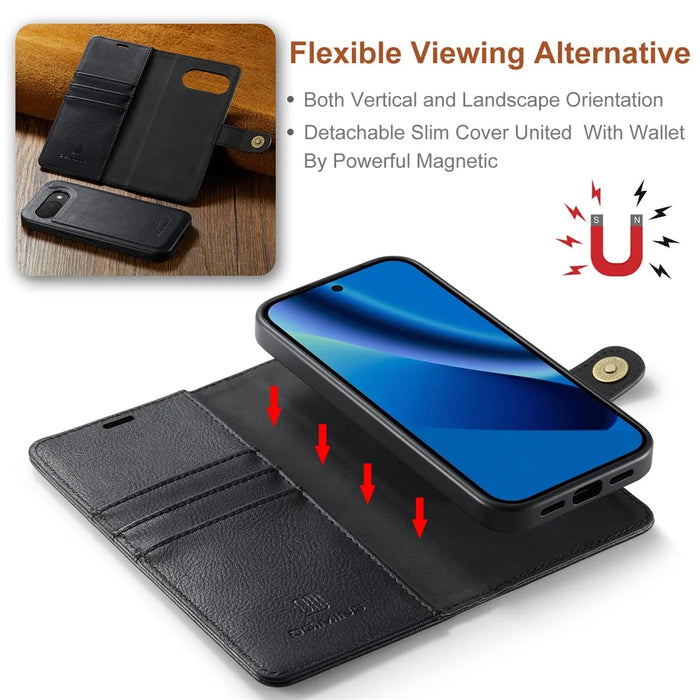 DG.MING for Google Pixel 10a Leather Wallet Case Detachable 2 in 1 Split Leather Phone Cover - Black - 6