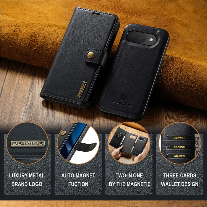 DG.MING for Google Pixel 10a Leather Wallet Case Detachable 2 in 1 Split Leather Phone Cover - Black - 7