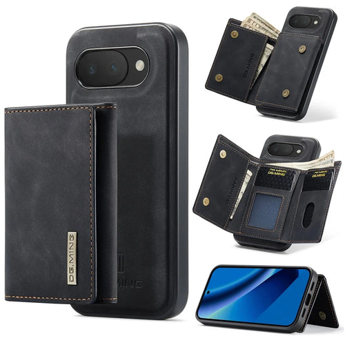 DG.MING M1 Series for Google Pixel 10a Phone Case PU + TPU + PC Back Cover with Magnetic Tri-Fold Wallet Kickstand - Black - 1