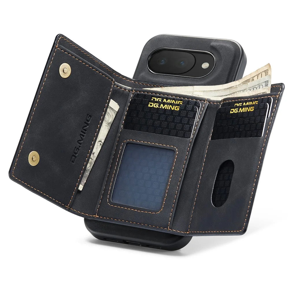 DG.MING M1 Series for Google Pixel 10a Phone Case PU + TPU + PC Back Cover with Magnetic Tri-Fold Wallet Kickstand - Black - 2