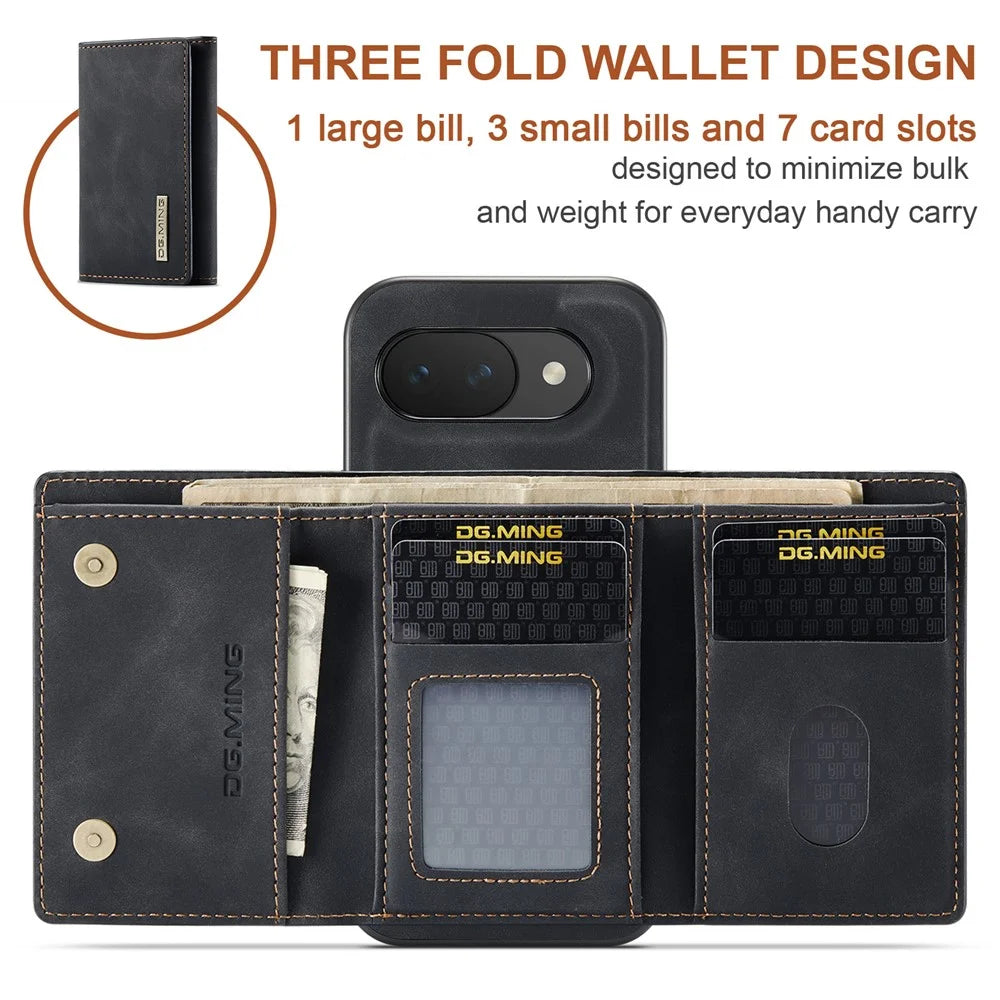 DG.MING M1 Series for Google Pixel 10a Phone Case PU + TPU + PC Back Cover with Magnetic Tri-Fold Wallet Kickstand - Black - 6