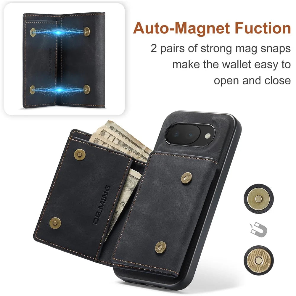 DG.MING M1 Series for Google Pixel 10a Phone Case PU + TPU + PC Back Cover with Magnetic Tri-Fold Wallet Kickstand - Black - 7