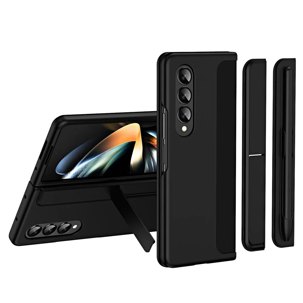 For Samsung Galaxy Z Fold4 5G Rubberized Hard PC Folding Shell Invisible Kickstand Anti-Scratch Protective Phone Case with Pencil  /  Pencil Holder - Black - 1