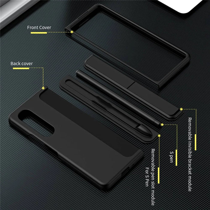 For Samsung Galaxy Z Fold4 5G Rubberized Hard PC Folding Shell Invisible Kickstand Anti-Scratch Protective Phone Case with Pencil  /  Pencil Holder - Black - 3