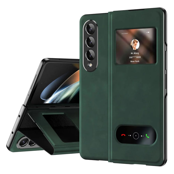 For Samsung Galaxy Z Fold4 5G View Window Design Folding Phone Protective Cover Nappa Texture PU Leather + PC Drop Resistant Case with Stand - Green - 1