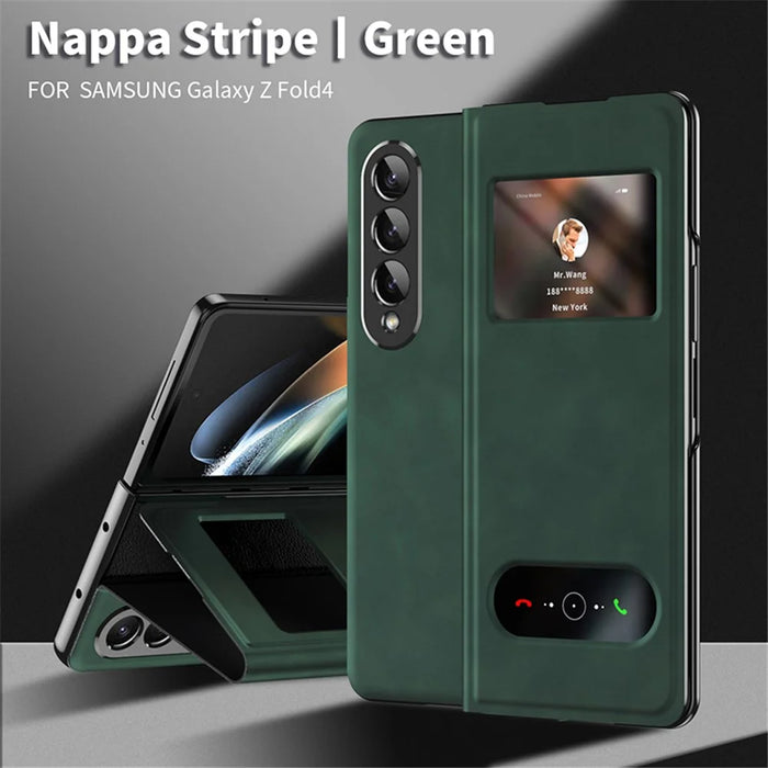 For Samsung Galaxy Z Fold4 5G View Window Design Folding Phone Protective Cover Nappa Texture PU Leather + PC Drop Resistant Case with Stand - Green - 2