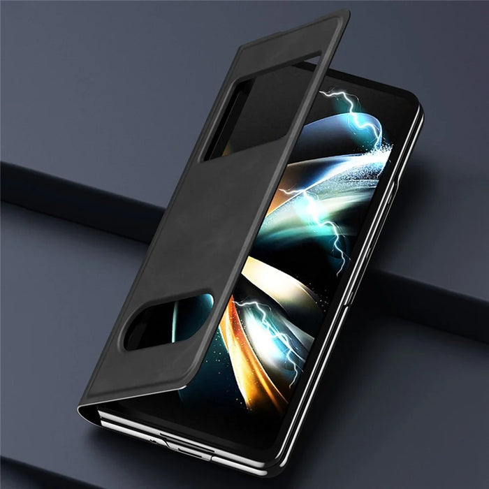 For Samsung Galaxy Z Fold4 5G View Window Design Folding Phone Protective Cover Nappa Texture PU Leather + PC Drop Resistant Case with Stand - Green - 5