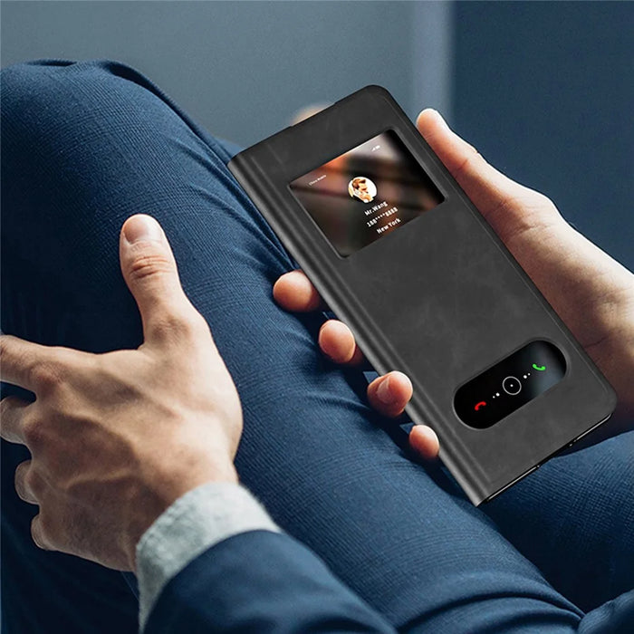 For Samsung Galaxy Z Fold4 5G View Window Design Folding Phone Protective Cover Nappa Texture PU Leather + PC Drop Resistant Case with Stand - Green - 7