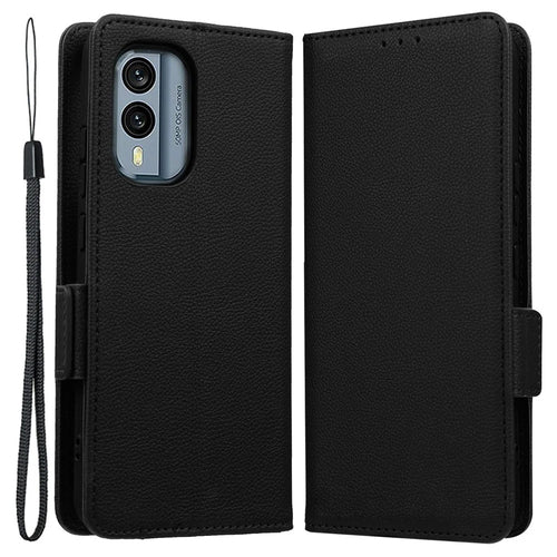 For Nokia X30 5G Litchi Texture PU Leather Phone Case Full Protection Stand Magnetic Closure Flip Wallet Cover with Strap - Black - 1