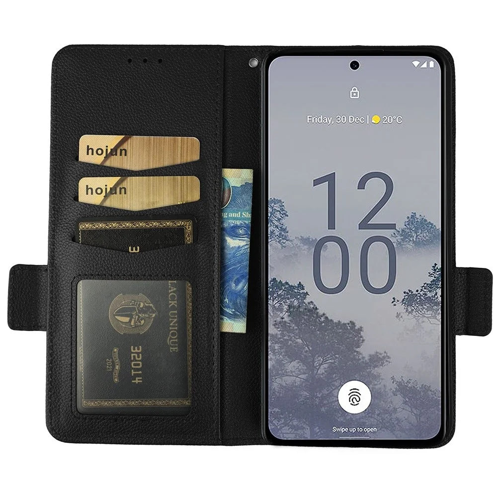 For Nokia X30 5G Litchi Texture PU Leather Phone Case Full Protection Stand Magnetic Closure Flip Wallet Cover with Strap - Black - 2