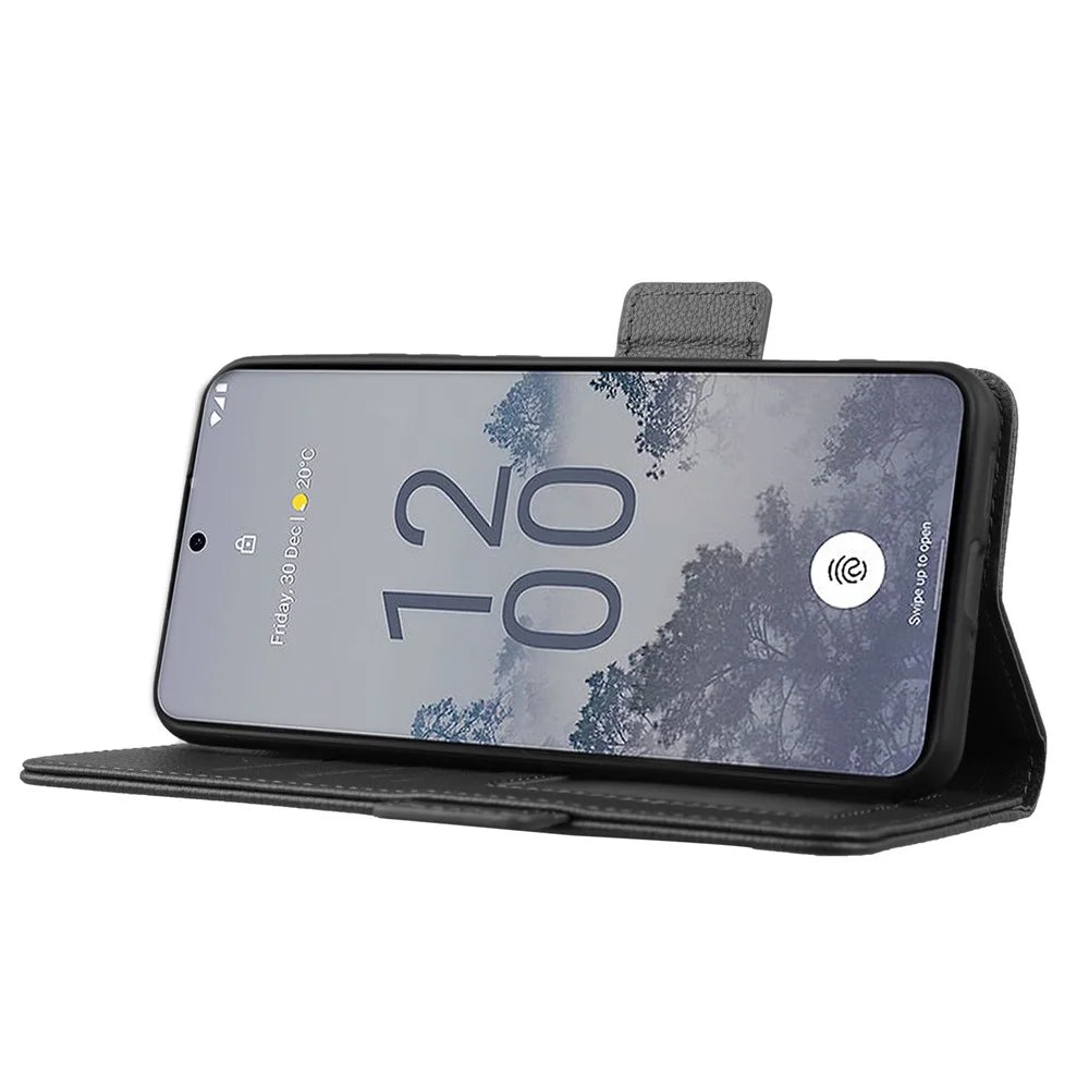 For Nokia X30 5G Litchi Texture PU Leather Phone Case Full Protection Stand Magnetic Closure Flip Wallet Cover with Strap - Black - 3