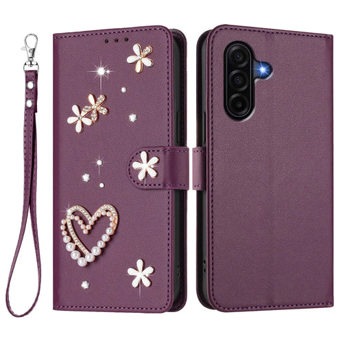 For Samsung Galaxy A57 5G Case Pearls Heart Diamond Flower Decor Leather Wallet Phone Cover with Wrist Strap - Violet - 1