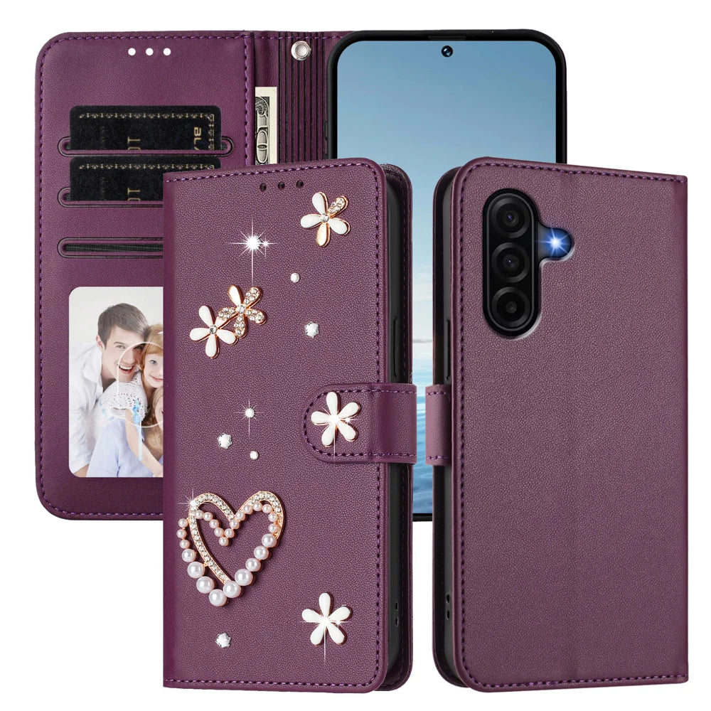 For Samsung Galaxy A57 5G Case Pearls Heart Diamond Flower Decor Leather Wallet Phone Cover with Wrist Strap - Violet - 3