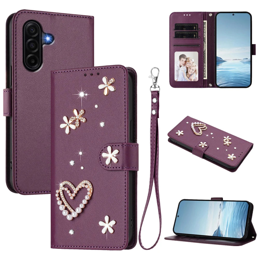 For Samsung Galaxy A37 5G / A36 5G / A56 5G Case Pearls Heart Diamond Flower Decor Leather Wallet Phone Cover with Wrist Strap - Violet - 2