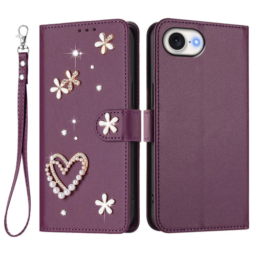 For iPhone 17e / iPhone 16e Case Pearls Heart Diamond Flower Decor Leather Wallet Phone Cover with Wrist Strap - Violet - 1
