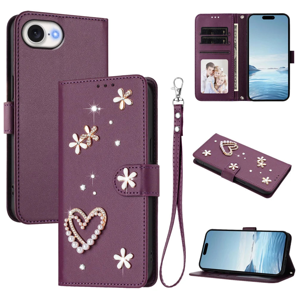 For iPhone 17e / iPhone 16e Case Pearls Heart Diamond Flower Decor Leather Wallet Phone Cover with Wrist Strap - Violet - 2