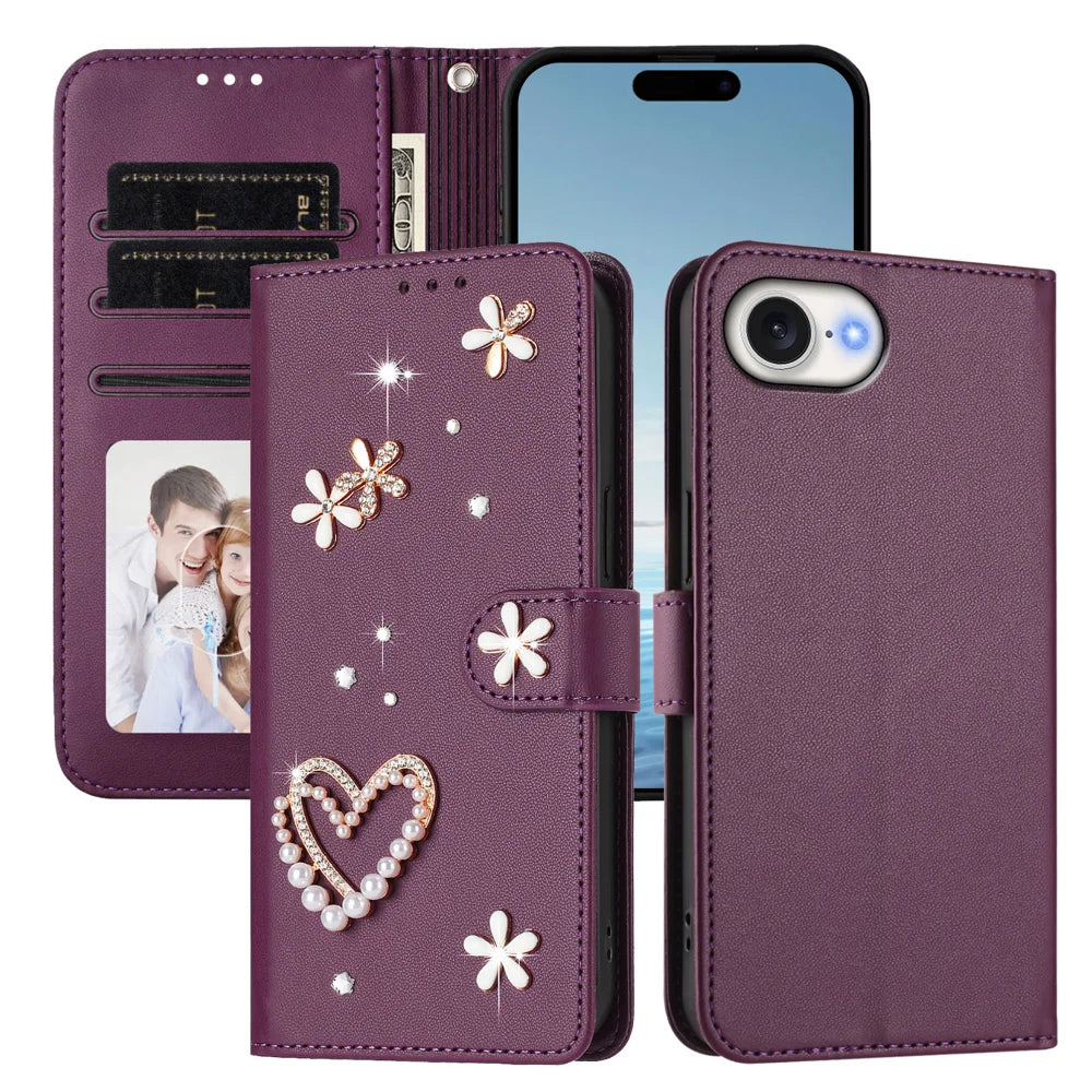 For iPhone 17e / iPhone 16e Case Pearls Heart Diamond Flower Decor Leather Wallet Phone Cover with Wrist Strap - Violet - 3