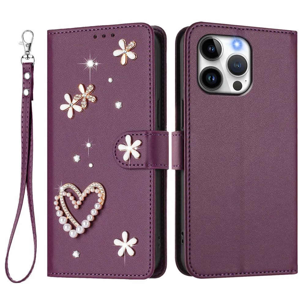 For iPhone 16 Pro Max Case Pearls Heart Diamond Flower Decor Leather Wallet Phone Cover with Wrist Strap - Violet - 1