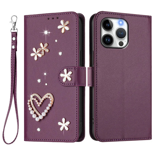 For iPhone 16 Pro Max Case Pearls Heart Diamond Flower Decor Leather Wallet Phone Cover with Wrist Strap - Violet - 1