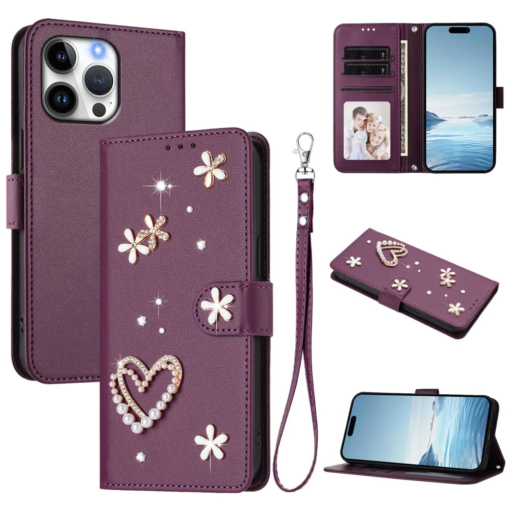 For iPhone 16 Pro Max Case Pearls Heart Diamond Flower Decor Leather Wallet Phone Cover with Wrist Strap - Violet - 2