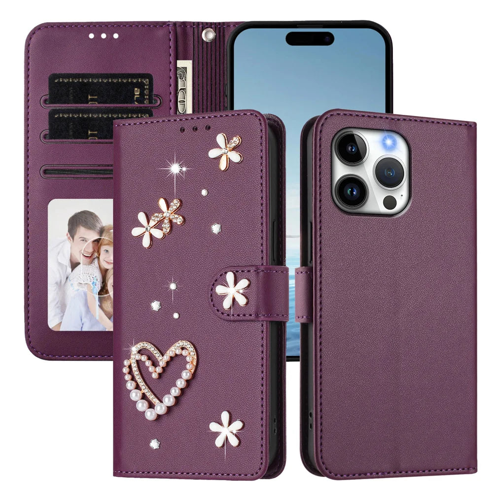 For iPhone 16 Pro Max Case Pearls Heart Diamond Flower Decor Leather Wallet Phone Cover with Wrist Strap - Violet - 3