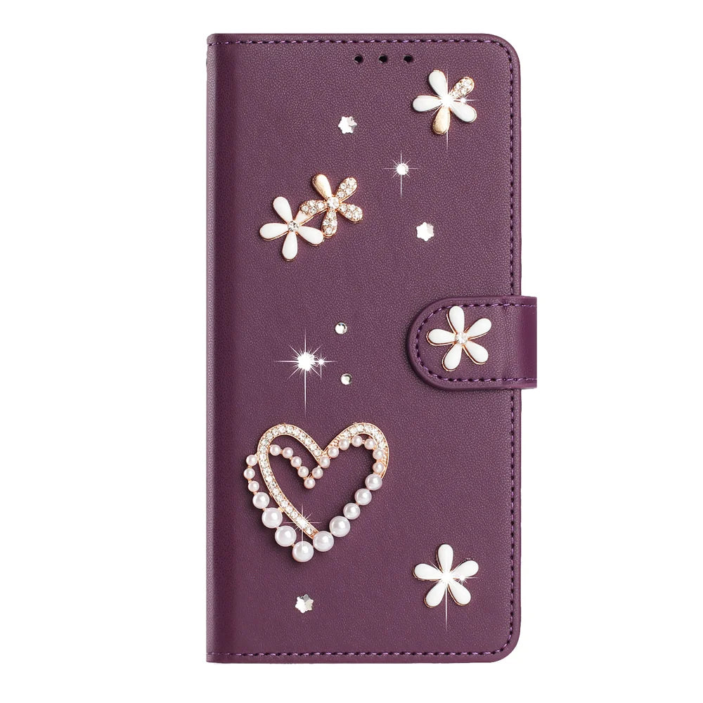 For iPhone 16 Pro Max Case Pearls Heart Diamond Flower Decor Leather Wallet Phone Cover with Wrist Strap - Violet - 4