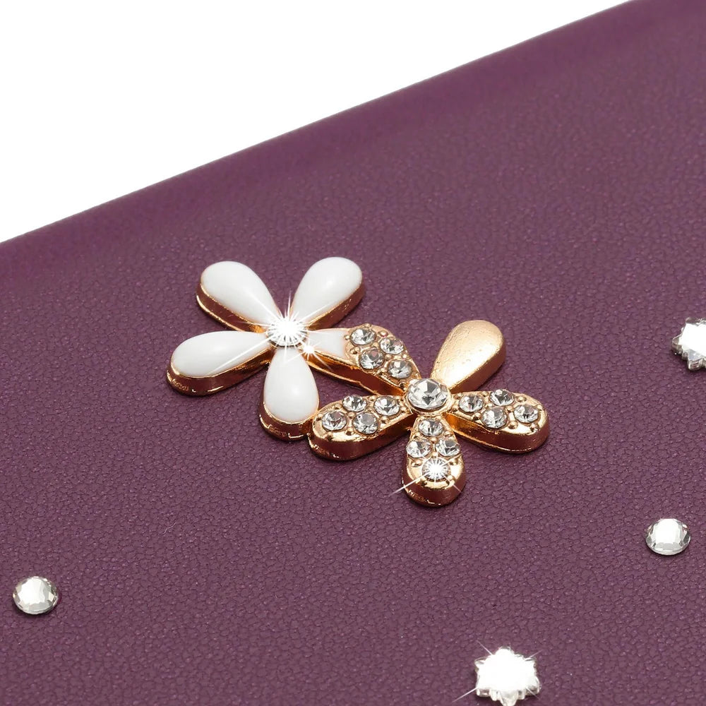 For iPhone 16 Pro Max Case Pearls Heart Diamond Flower Decor Leather Wallet Phone Cover with Wrist Strap - Violet - 6