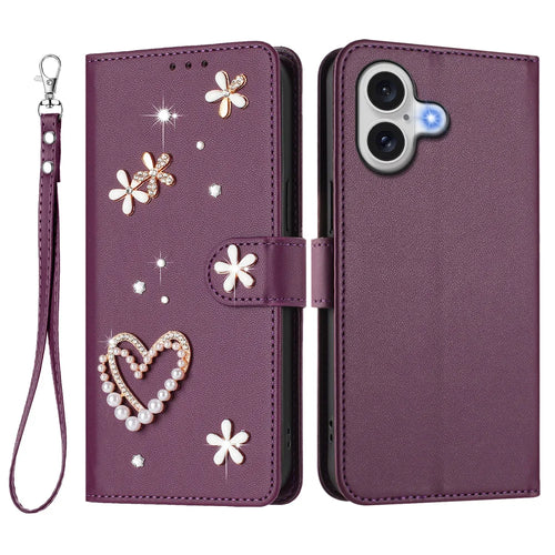 For iPhone 17 Case Pearls Heart Diamond Flower Decor Leather Wallet Phone Cover with Wrist Strap - Violet - 1