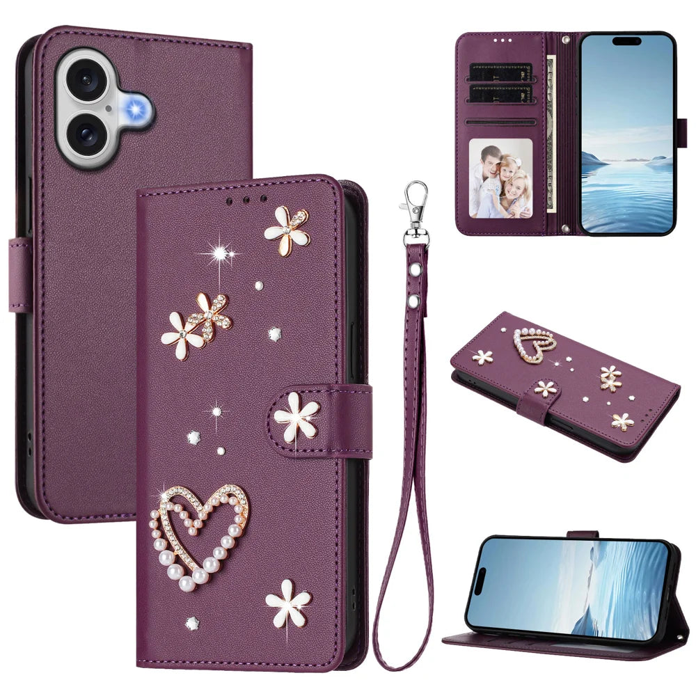 For iPhone 17 Case Pearls Heart Diamond Flower Decor Leather Wallet Phone Cover with Wrist Strap - Violet - 2