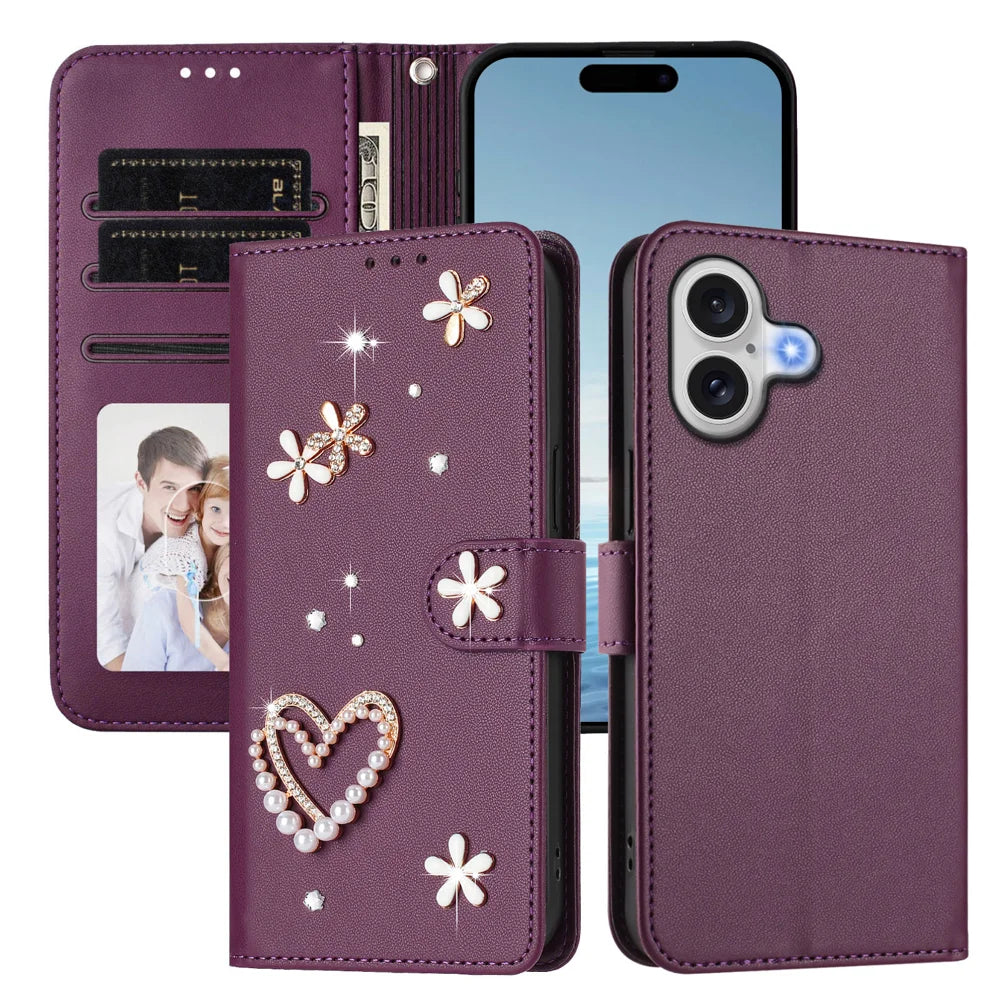 For iPhone 17 Case Pearls Heart Diamond Flower Decor Leather Wallet Phone Cover with Wrist Strap - Violet - 3