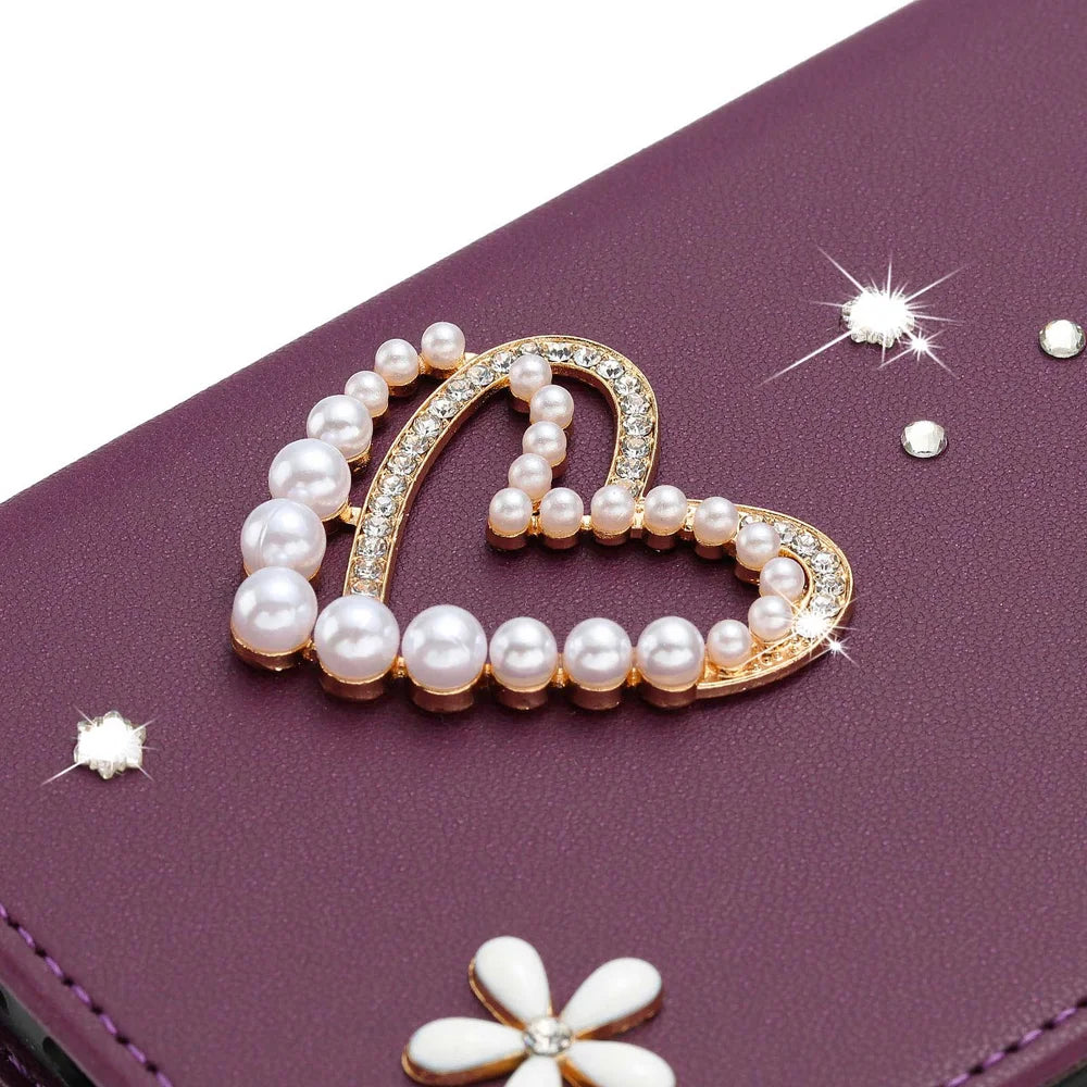 For iPhone 17 Case Pearls Heart Diamond Flower Decor Leather Wallet Phone Cover with Wrist Strap - Violet - 5