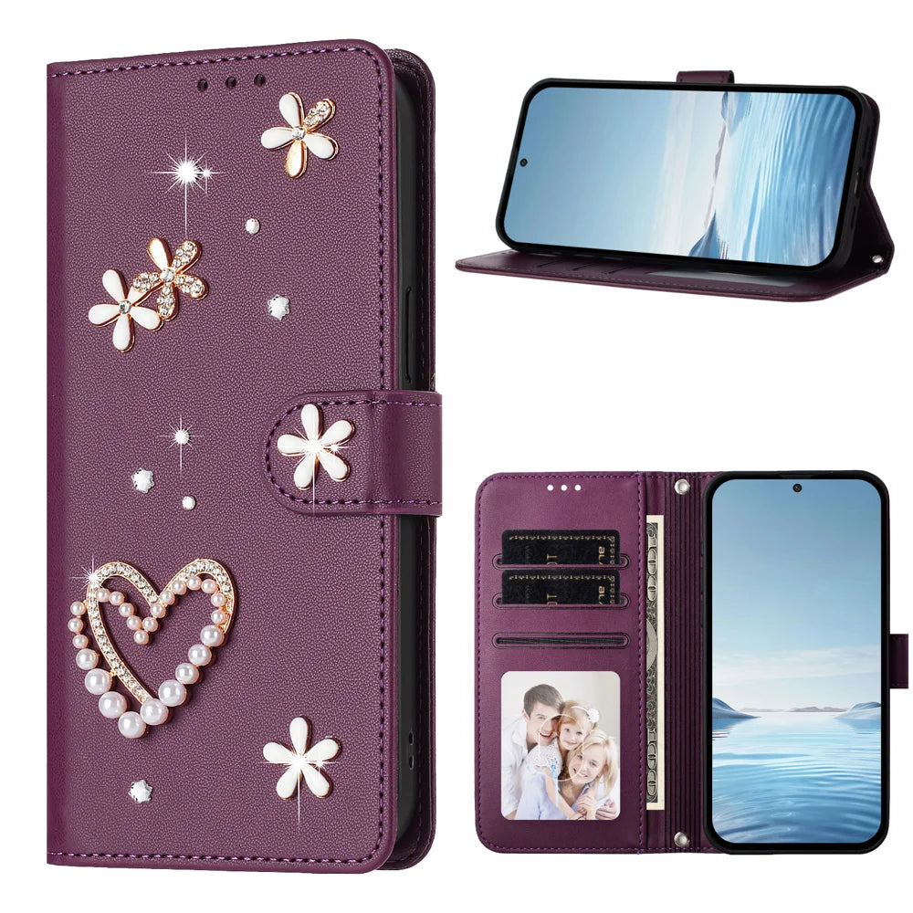 For iPhone 17 Case Pearls Heart Diamond Flower Decor Leather Wallet Phone Cover with Wrist Strap - Violet - 7