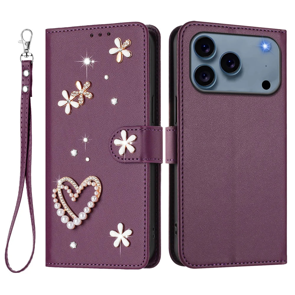 For iPhone 18 Pro Max / 17 Pro Max Case Pearls Heart Diamond Flower Decor Leather Wallet Phone Cover with Wrist Strap - Violet - 1