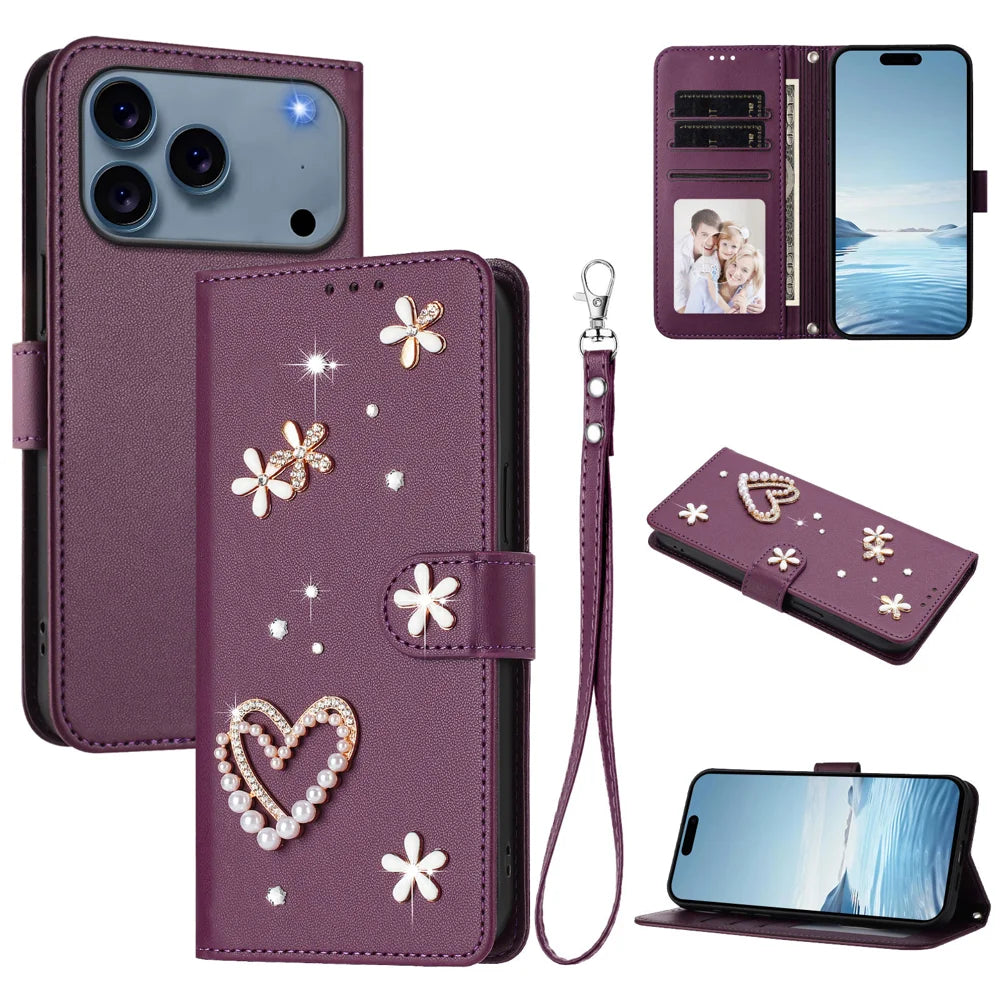 For iPhone 18 Pro Max / 17 Pro Max Case Pearls Heart Diamond Flower Decor Leather Wallet Phone Cover with Wrist Strap - Violet - 2