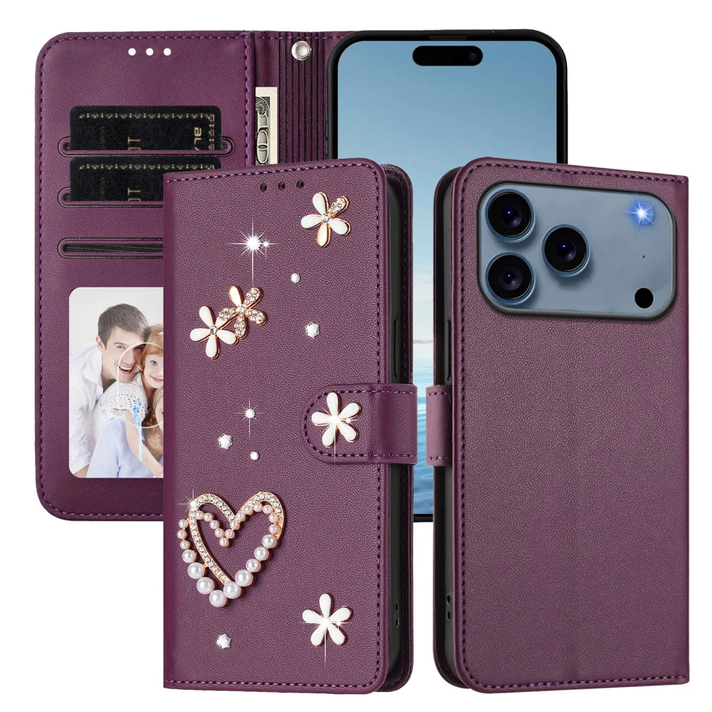 For iPhone 18 Pro Max / 17 Pro Max Case Pearls Heart Diamond Flower Decor Leather Wallet Phone Cover with Wrist Strap - Violet - 3
