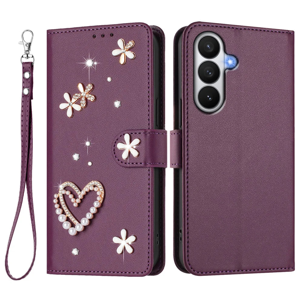 For Samsung Galaxy S26+ Case Pearls Heart Diamond Flower Decor Leather Wallet Phone Cover with Wrist Strap - Violet - 1