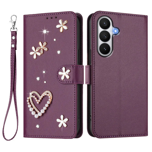 For Samsung Galaxy S26+ Case Pearls Heart Diamond Flower Decor Leather Wallet Phone Cover with Wrist Strap - Violet - 1