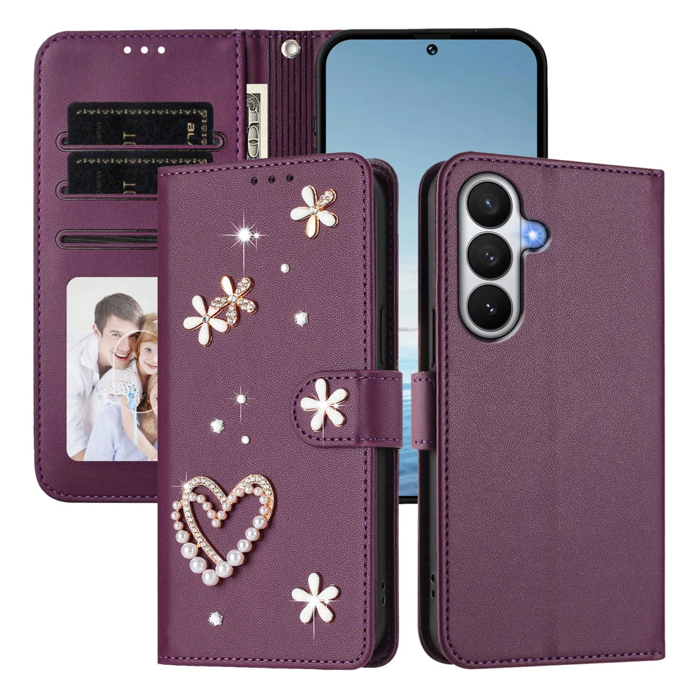 For Samsung Galaxy S26+ Case Pearls Heart Diamond Flower Decor Leather Wallet Phone Cover with Wrist Strap - Violet - 3