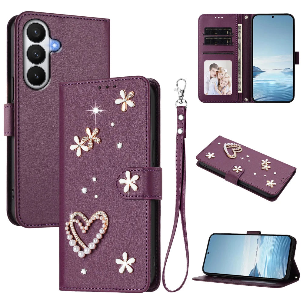 For Samsung Galaxy S26 Case Pearls Heart Diamond Flower Decor Leather Wallet Phone Cover with Wrist Strap - Violet - 2