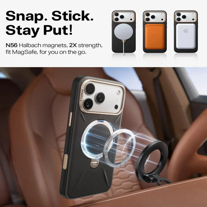 TORRAS For iPhone 17 Ostand Q3 VegSkin Series Magnetic Case with Kickstand Microfiber Leather Phone Back Cover (Amazon Packaging) - Black - 5