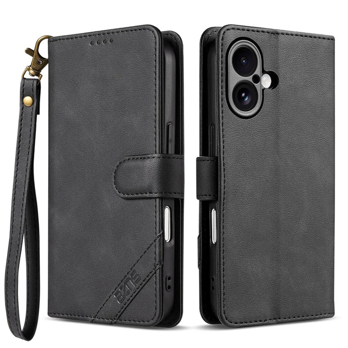 AZNS A2 for iPhone 17 Leather Case with Wrist Strap RFID Blocking Wallet Stand Phone Cover - Black - 1
