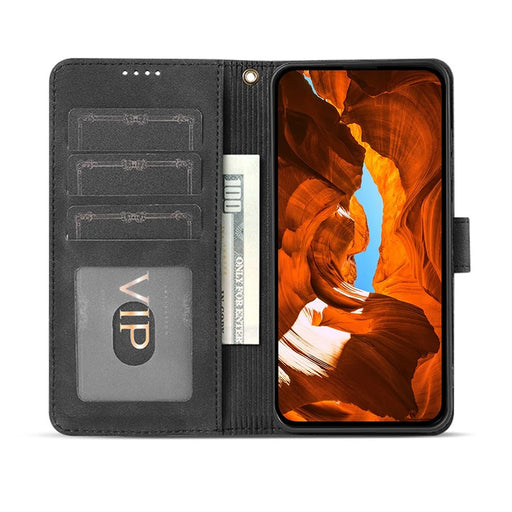 AZNS A2 for iPhone 17 Leather Case with Wrist Strap RFID Blocking Wallet Stand Phone Cover - Black - 2