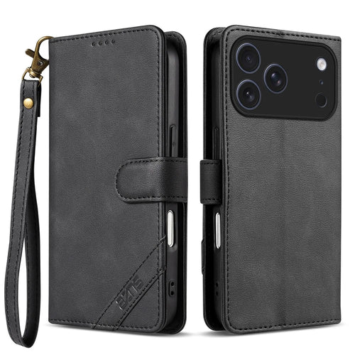 AZNS A2 for iPhone 18 Pro Max / 17 Pro Max Leather Case with Wrist Strap RFID Blocking Wallet Stand Phone Cover - Black - 1