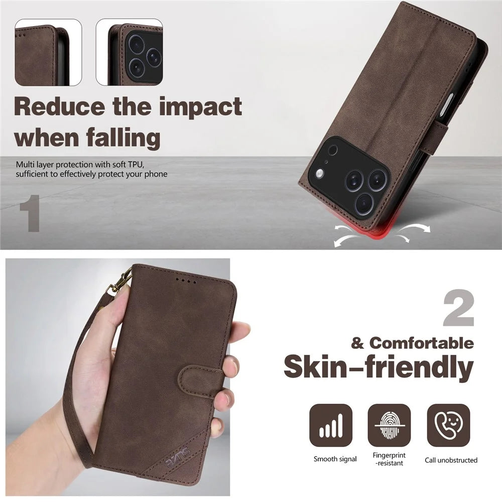 AZNS A2 for iPhone 18 Pro Max / 17 Pro Max Leather Case with Wrist Strap RFID Blocking Wallet Stand Phone Cover - Black - 5